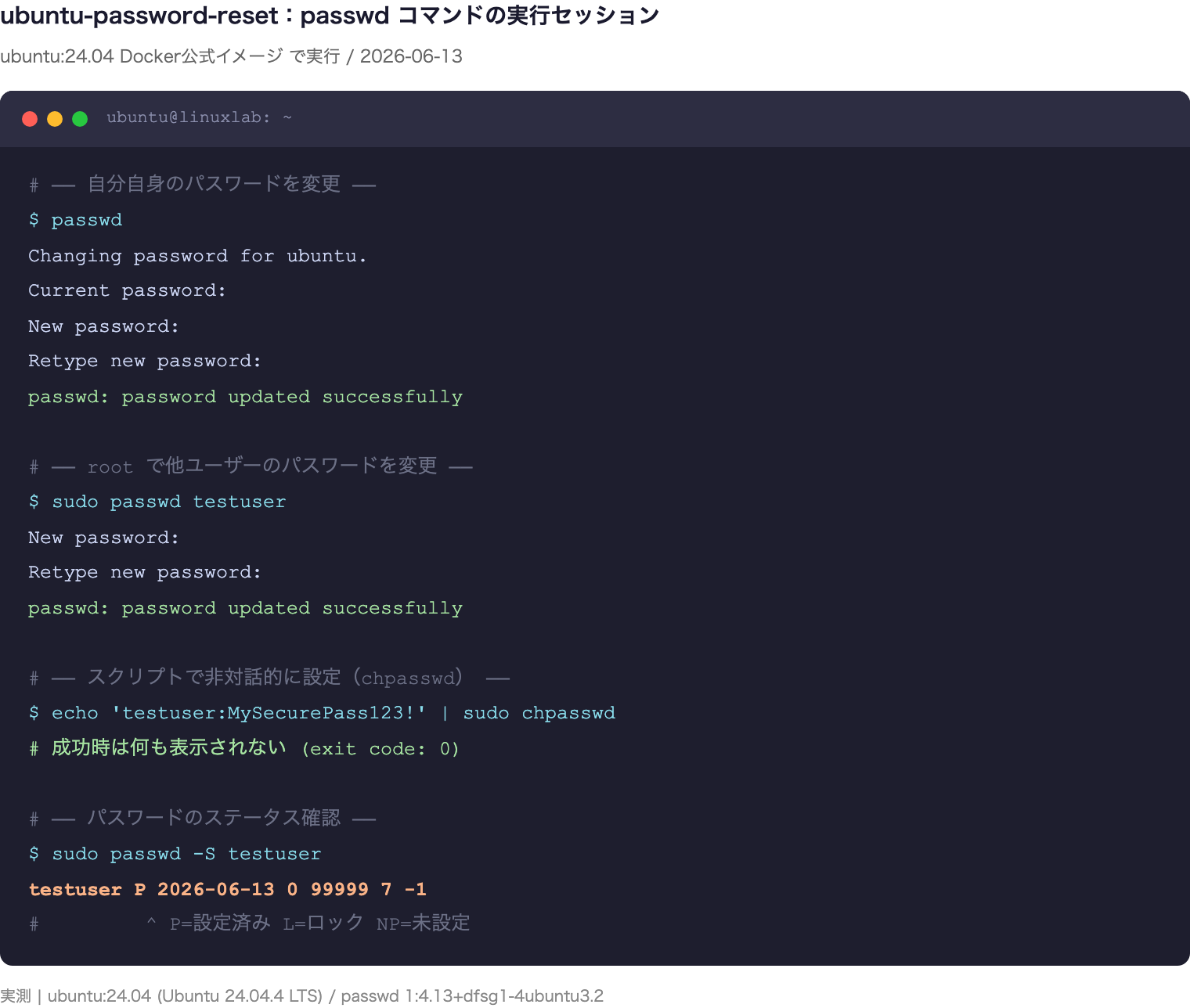 passwd/chpasswd コマンドの実行セッション(Playwright実測スクショ)