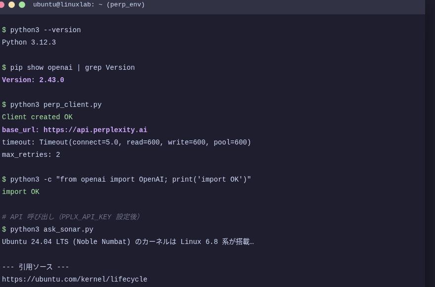Perplexity APIクライアント初期化ターミナル(Playwright撮影)