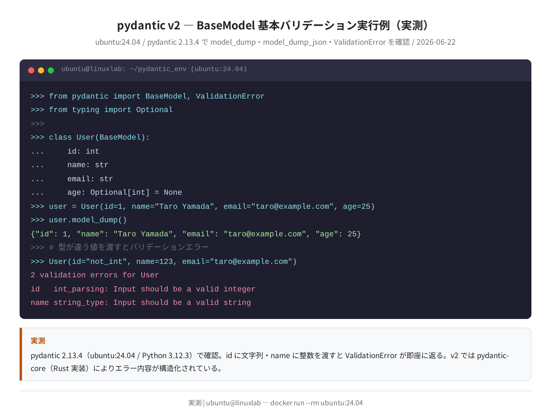 BaseModel バリデーション実測例(pydantic 2.13.4)