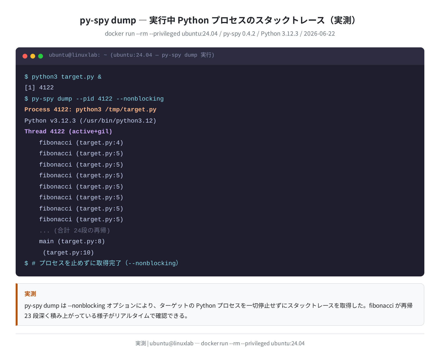 py-spy dump 実測出力(Python v3.12.3・fibonacci 24段再帰)