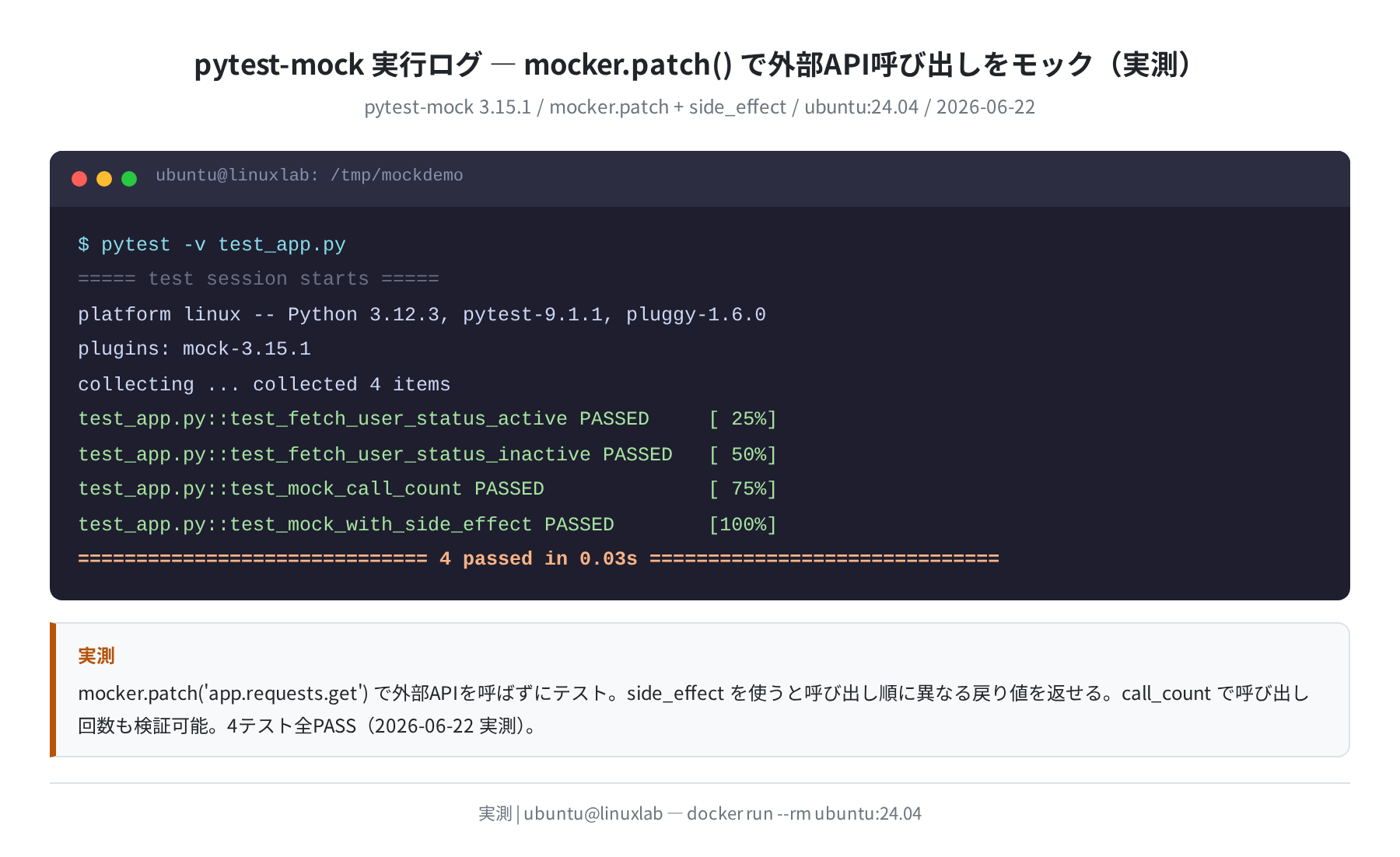 pytest-mock 実行ログ。mocker.patch/side_effect 4テスト全PASS(ubuntu:24.04 実測)