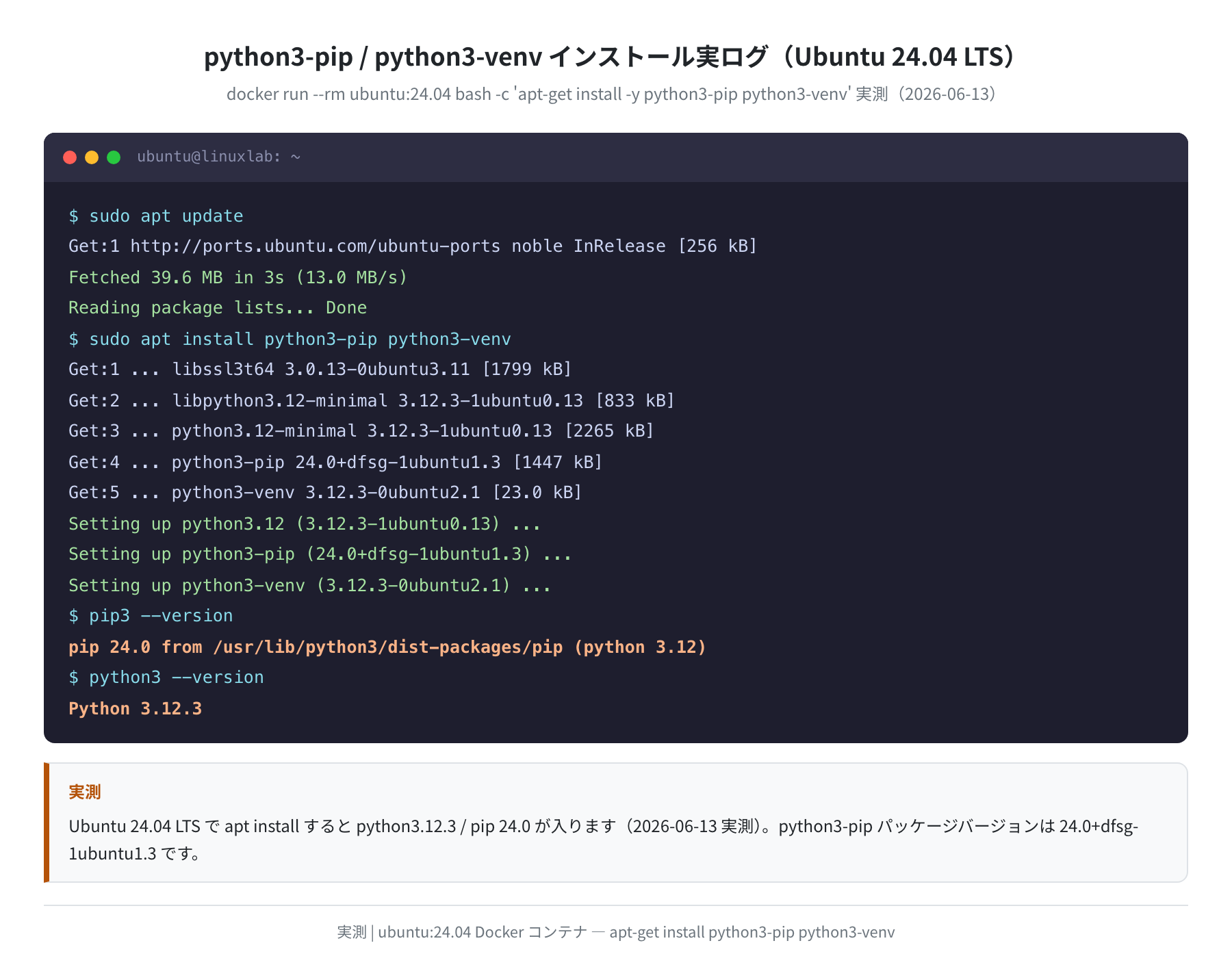 python3-pip / python3-venv インストール実ログ（Ubuntu 24.04 実測）