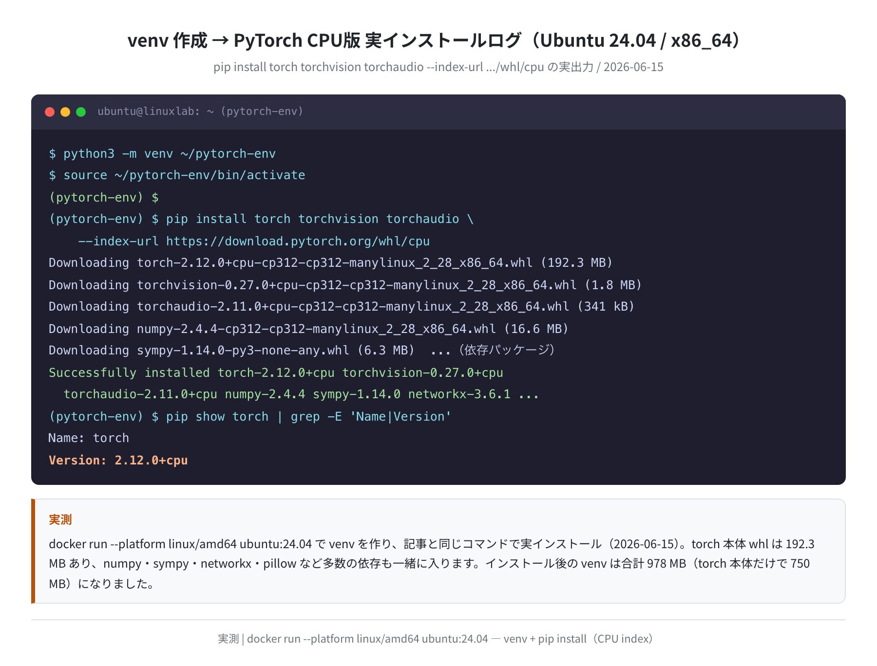 venv + PyTorch CPU版 実インストールログ（Ubuntu 24.04 / x86_64 実測）