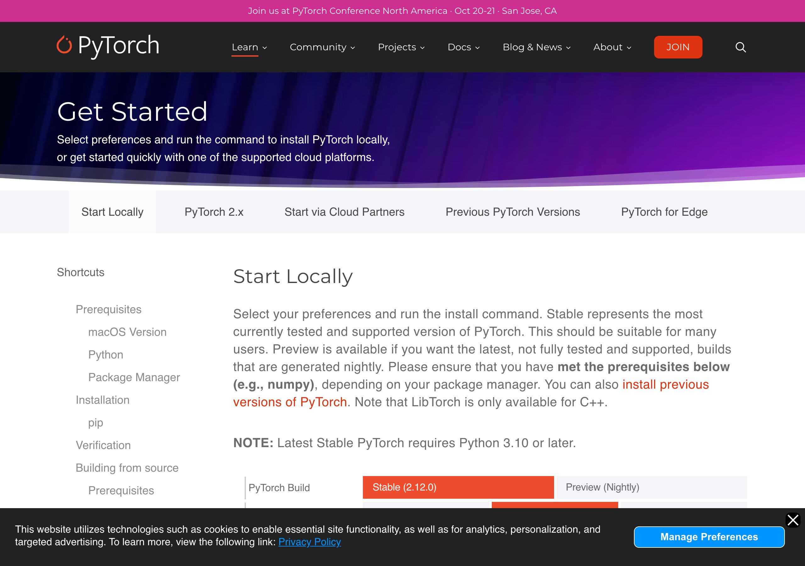 PyTorch 公式「Start Locally」ページ（Playwright 実撮影 2026-06-15・最新安定版は 2.12.0）
