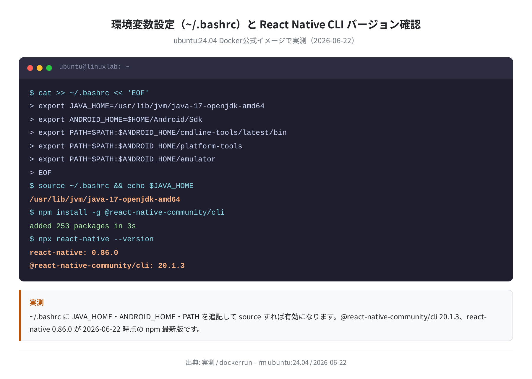 環境変数設定と React Native CLI バージョン確認（実測）