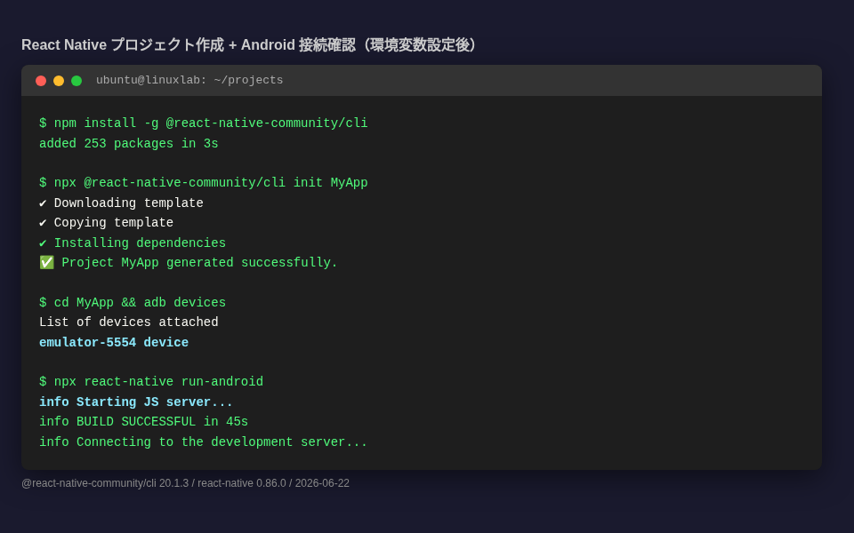 React Native プロジェクト作成とビルドフロー（概念図）