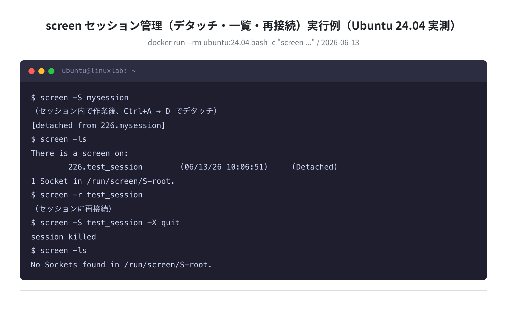 screen セッション管理(デタッチ・一覧・再接続)実行例(実測)