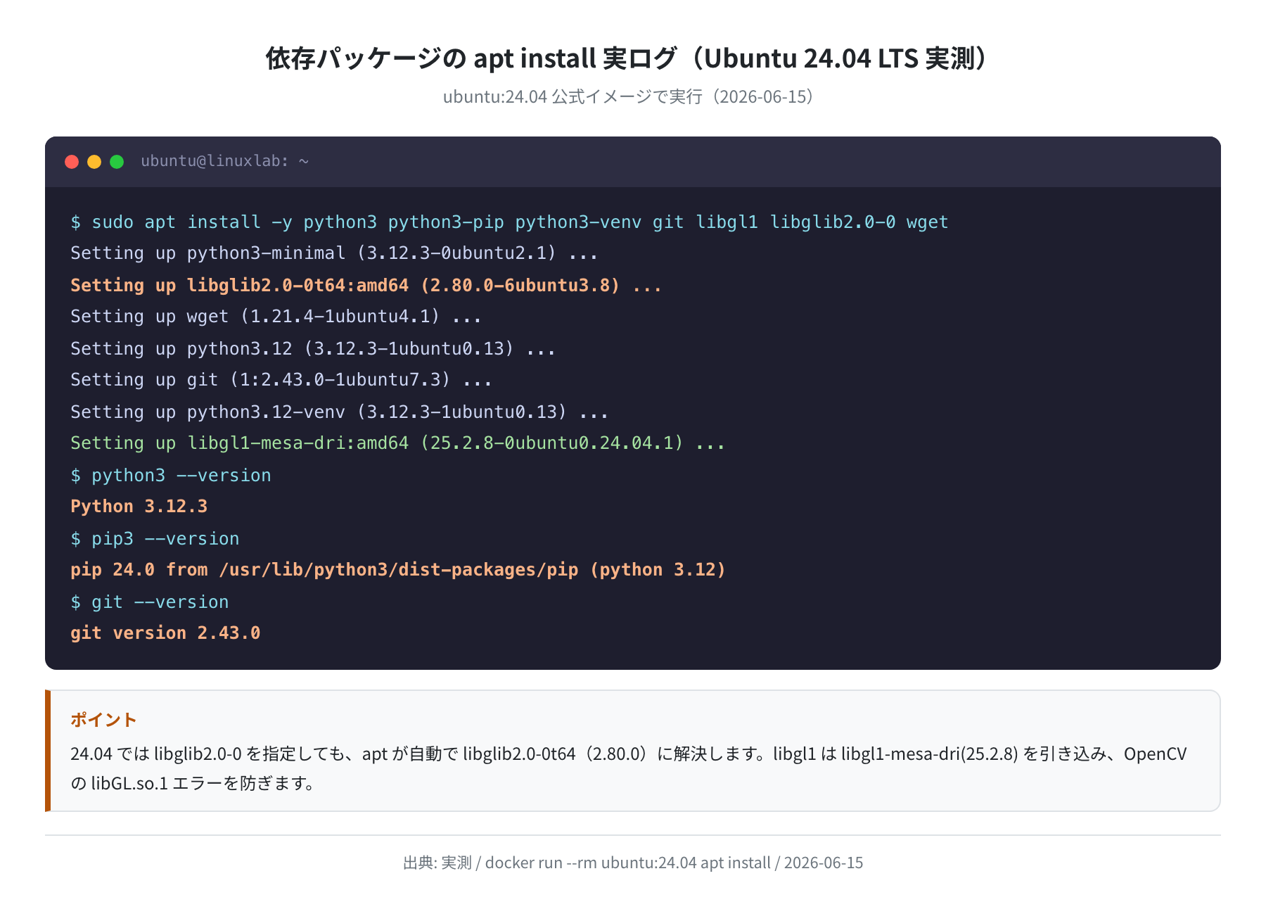 依存パッケージの apt install 実ログ(Ubuntu 24.04 実測)