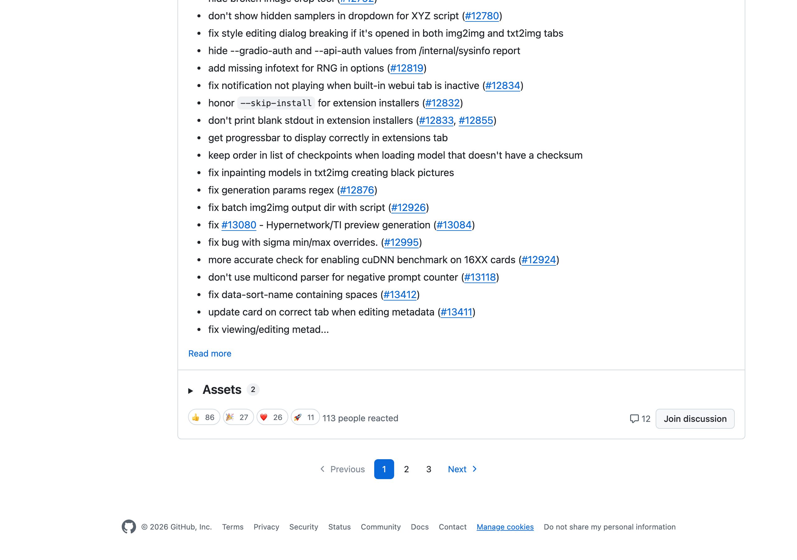 AUTOMATIC1111 WebUI GitHub リリース一覧(Playwright 実撮影)