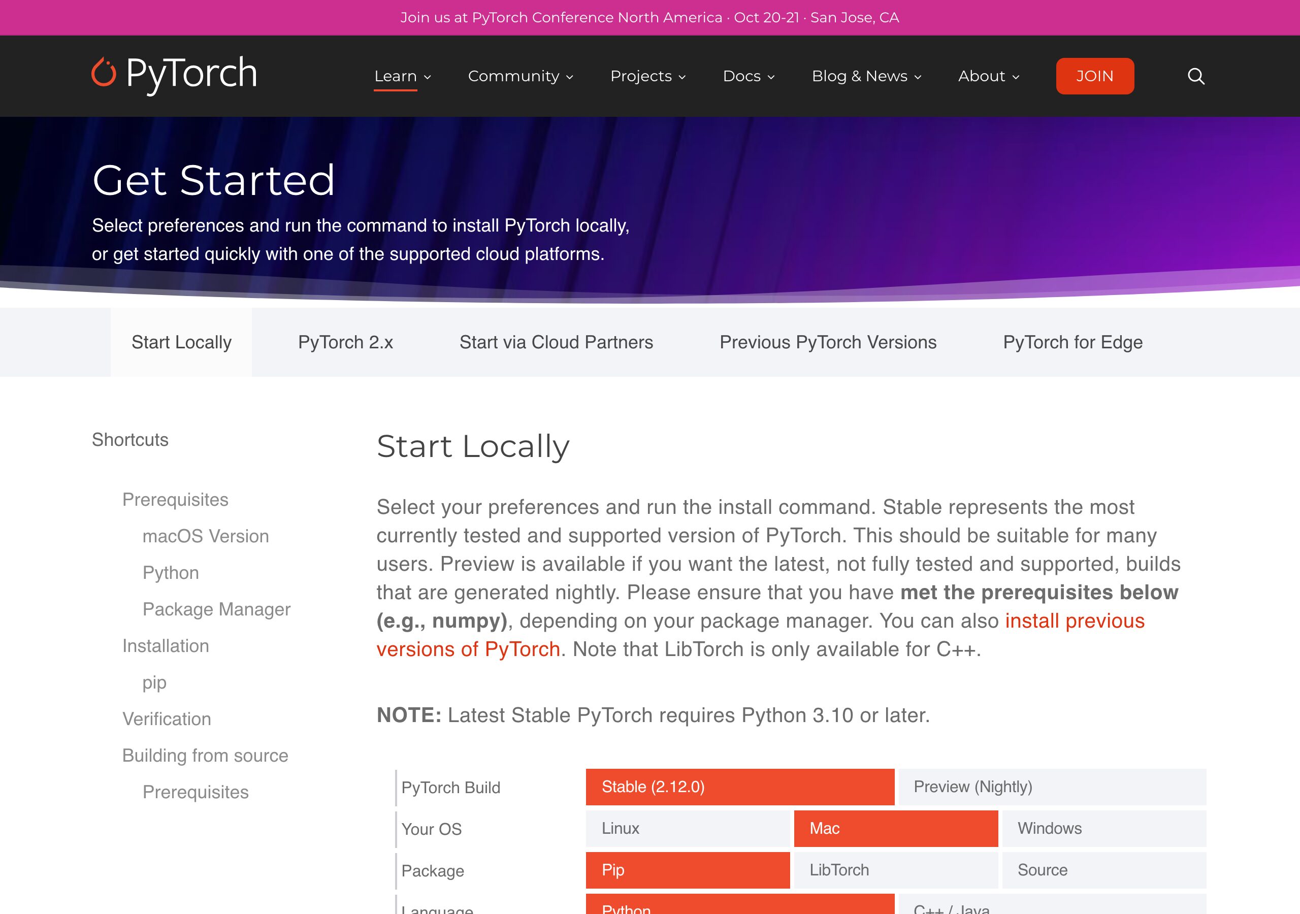PyTorch 公式インストールページ(CUDA バージョン選択)(Playwright 実撮影)