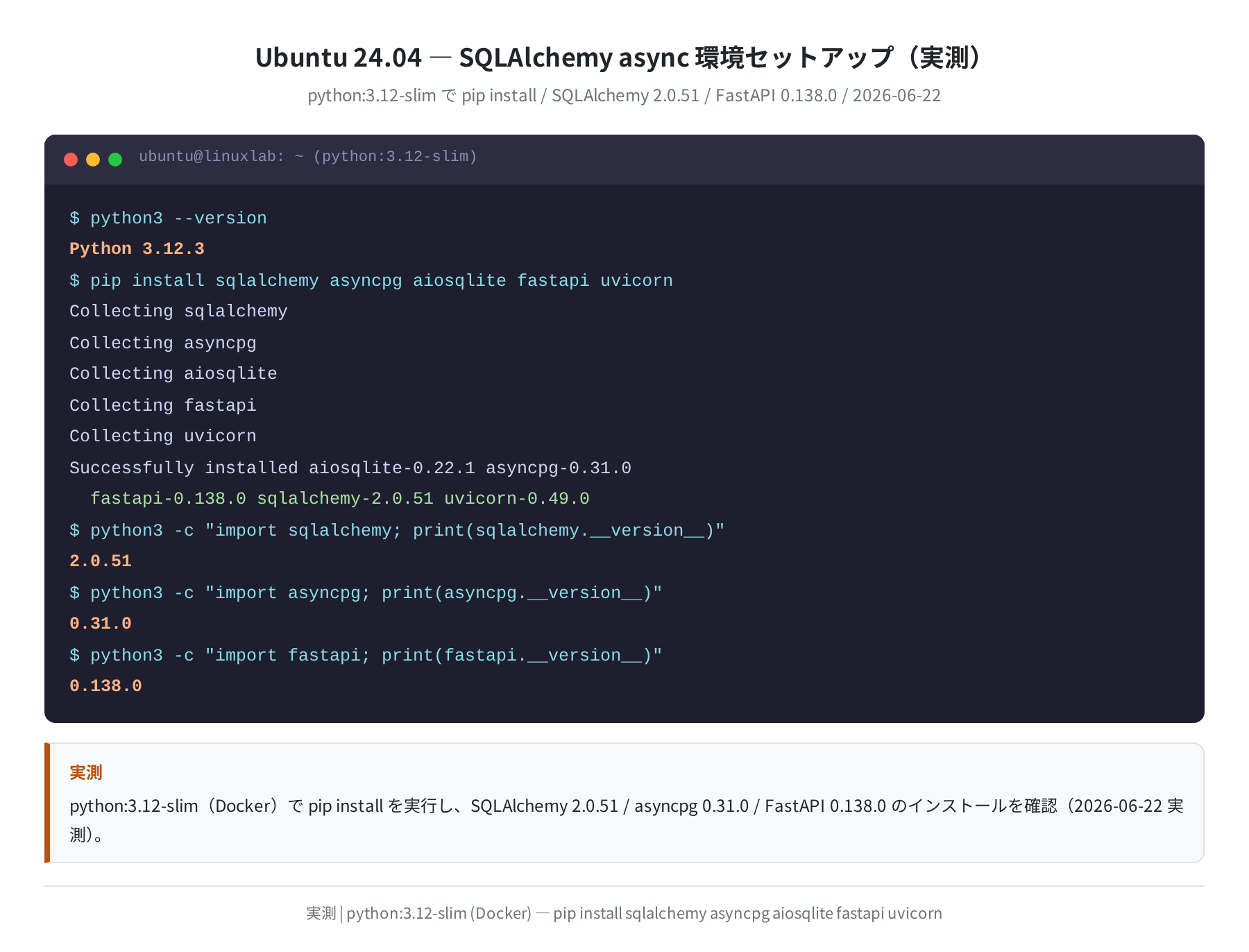 Ubuntu 24.04 / python:3.12-slim でのパッケージインストール実ログ(実測)