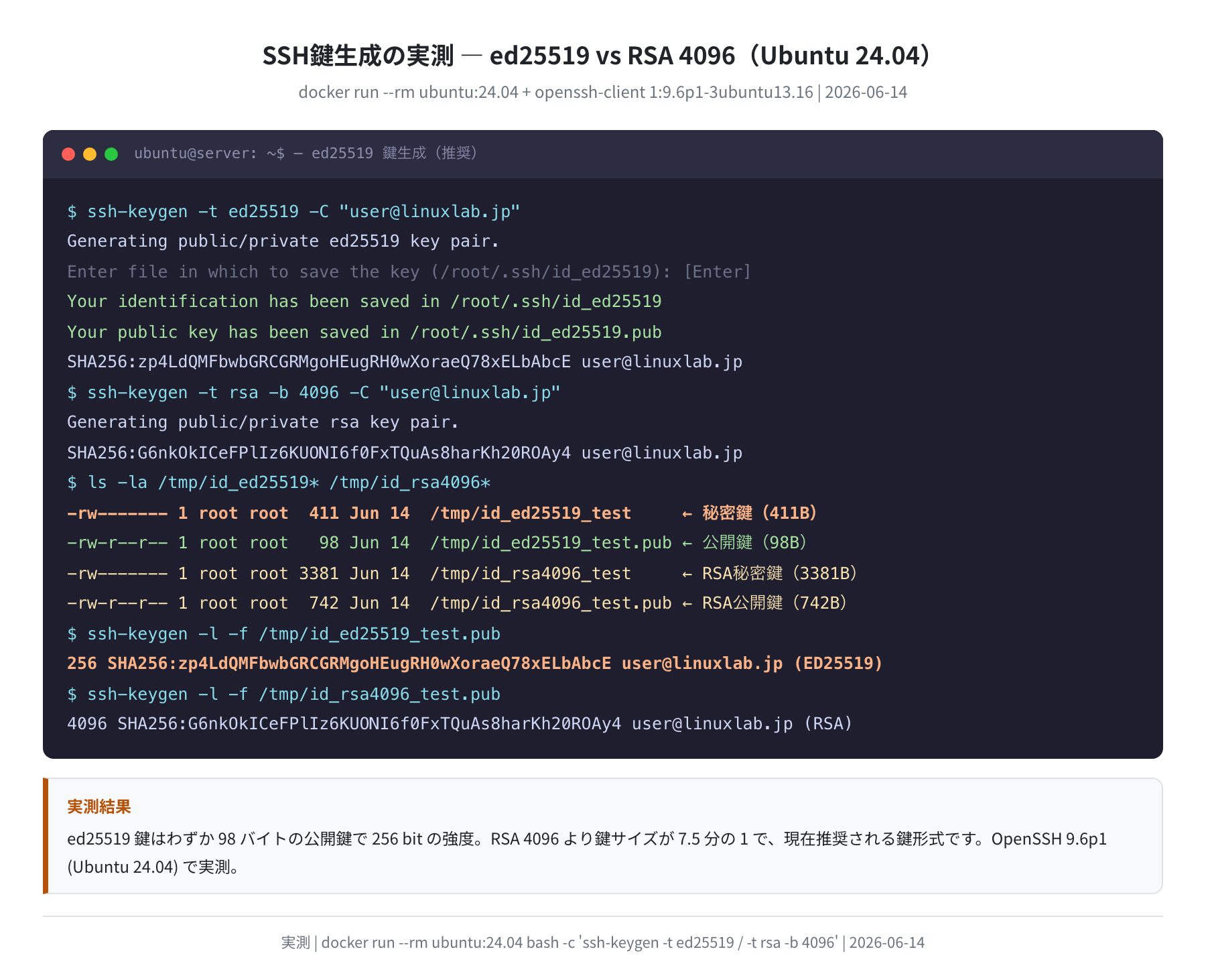 ed25519 vs RSA 鍵生成の実測比較（Ubuntu 24.04 docker実行）