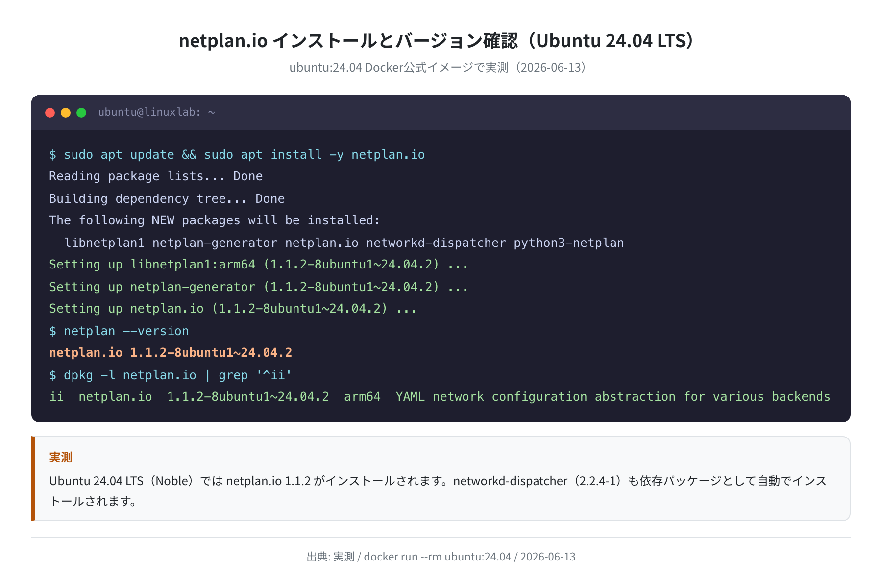 netplan.io インストールとバージョン確認（Ubuntu 24.04 実測）