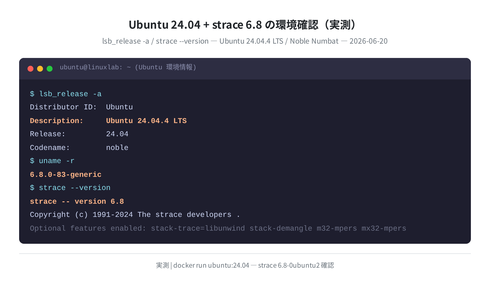 Ubuntu 24.04 + strace 6.8 環境確認（実測）