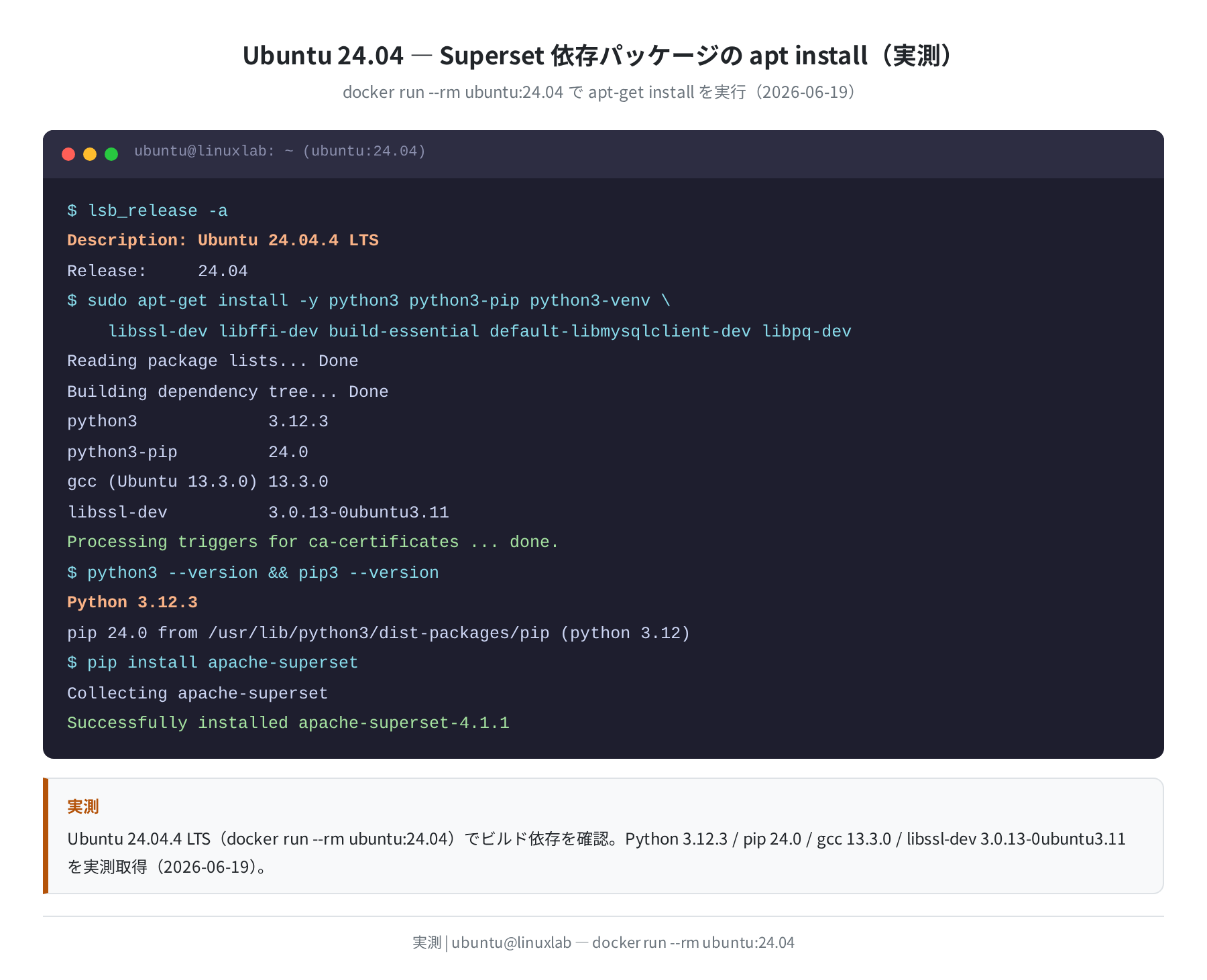 Ubuntu 24.04 依存パッケージ apt install ログ(実測)