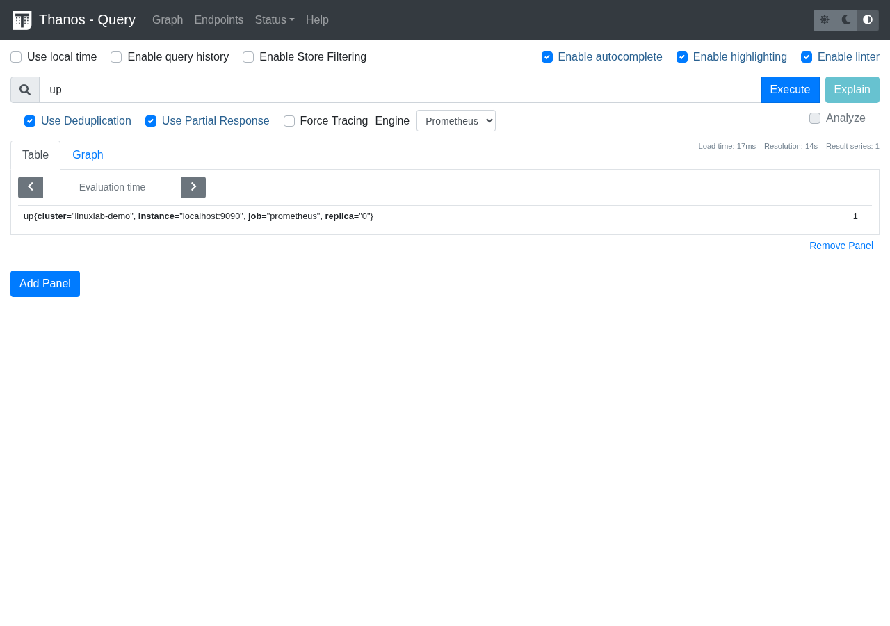 Thanos Query に 'up' クエリを実行した結果(cluster=