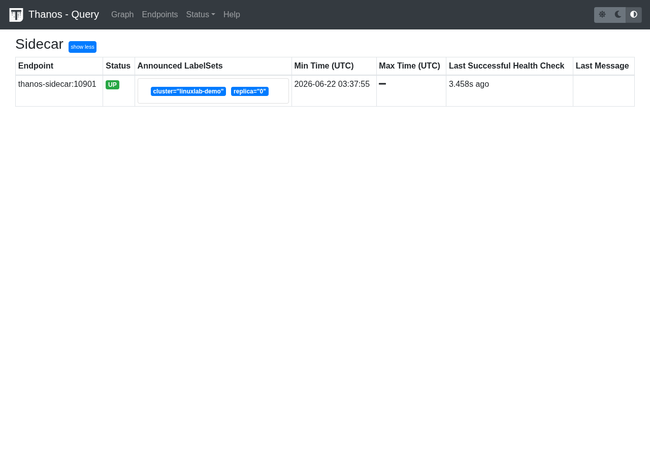 Thanos Query の Endpoints ページ(Sidecar が UP 状態)