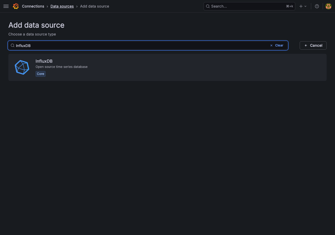 Grafana「Add data source」で InfluxDB を選択する画面（2026-06-15 実撮影）