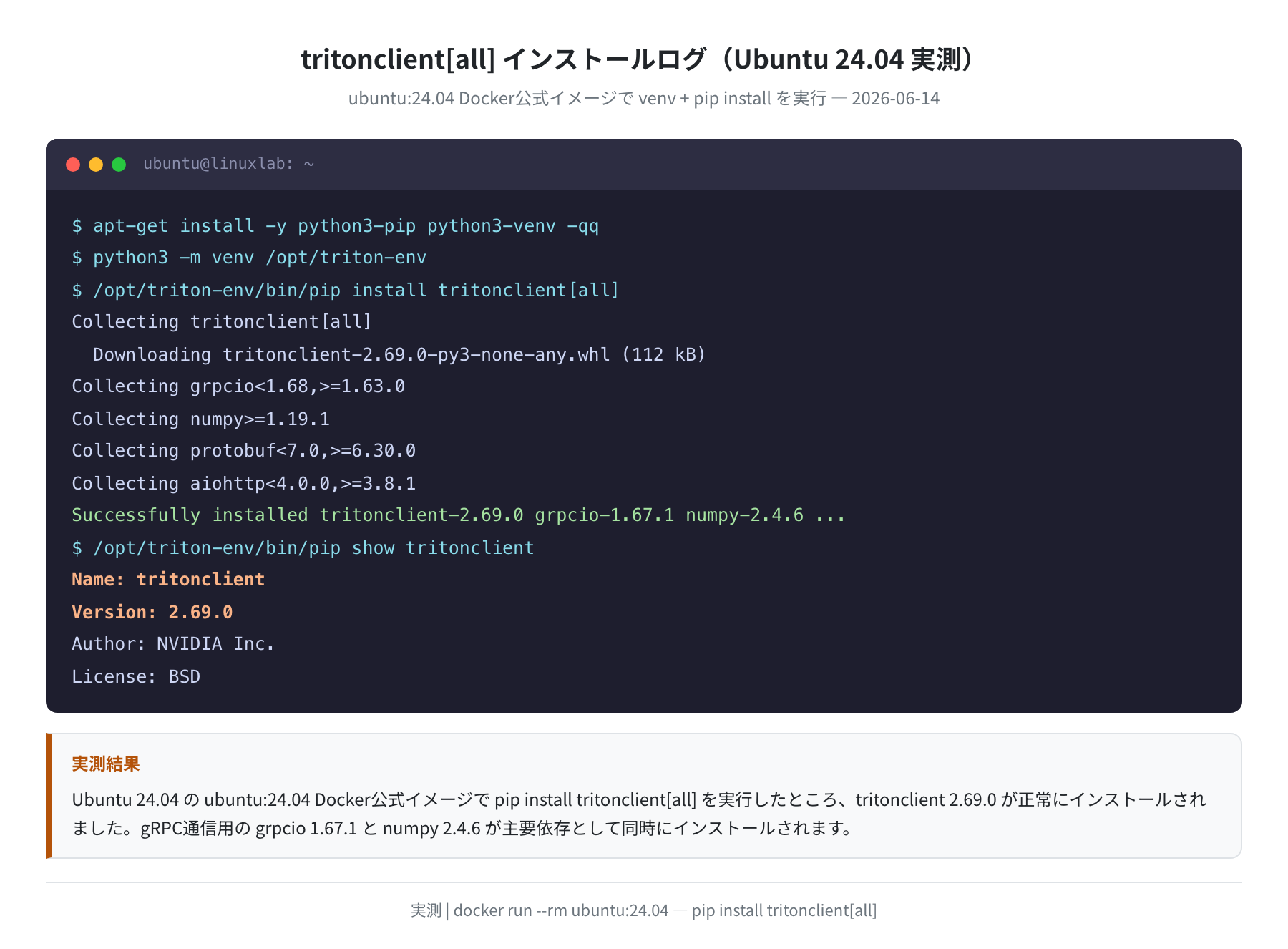 tritonclient インストールログ(Ubuntu 24.04 実測)