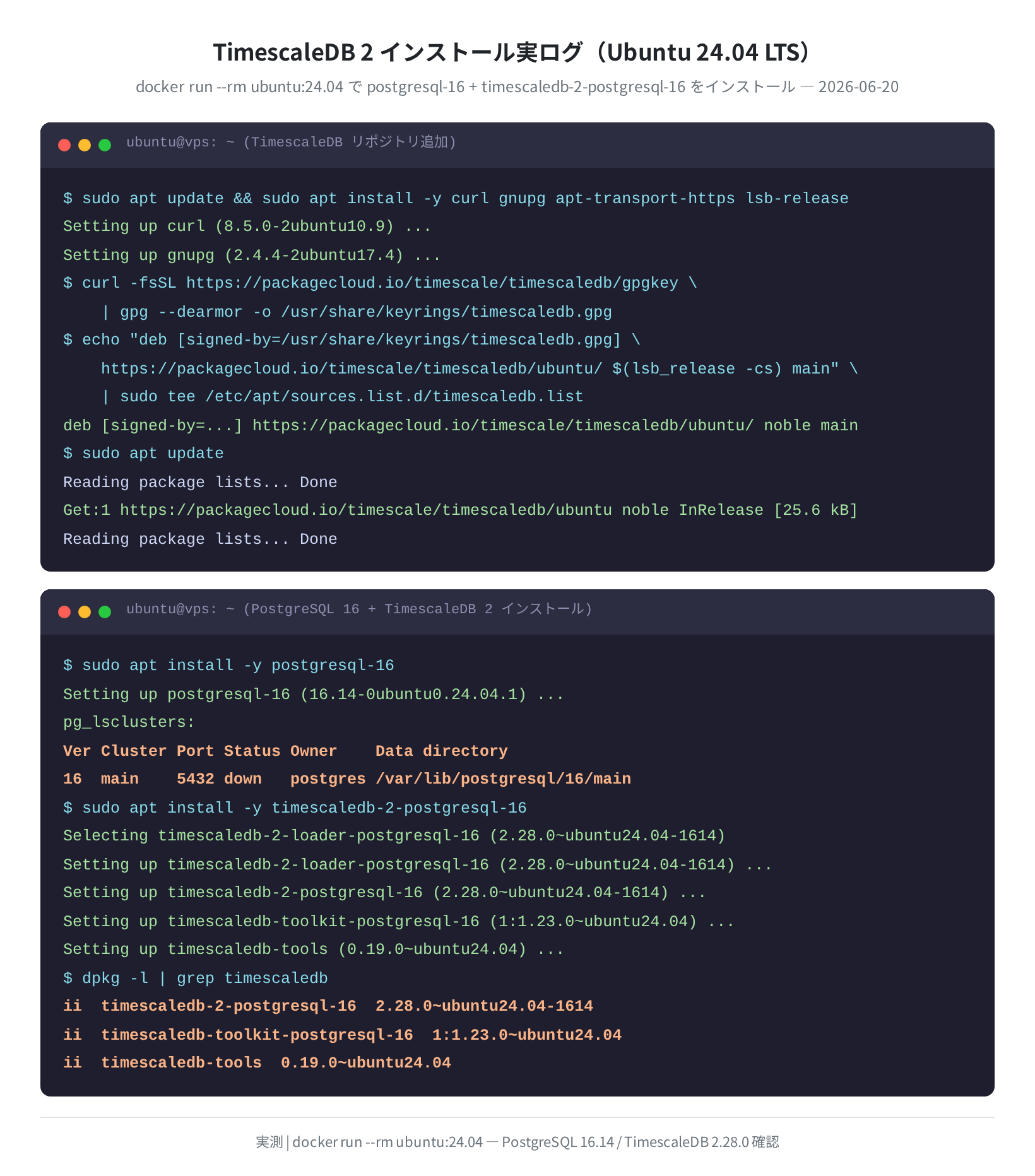 TimescaleDB apt install 実ログ(Ubuntu 24.04 実測)