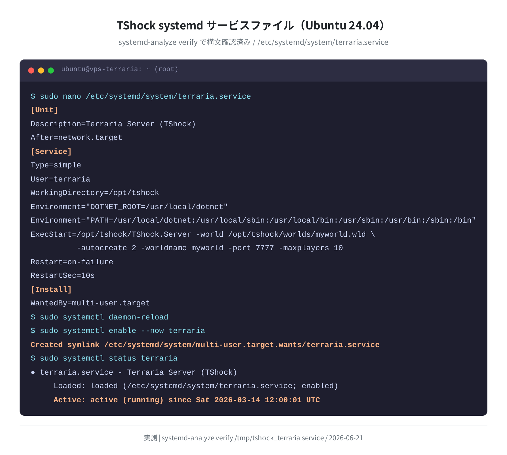 TShock systemd サービスファイル(構文確認済み)