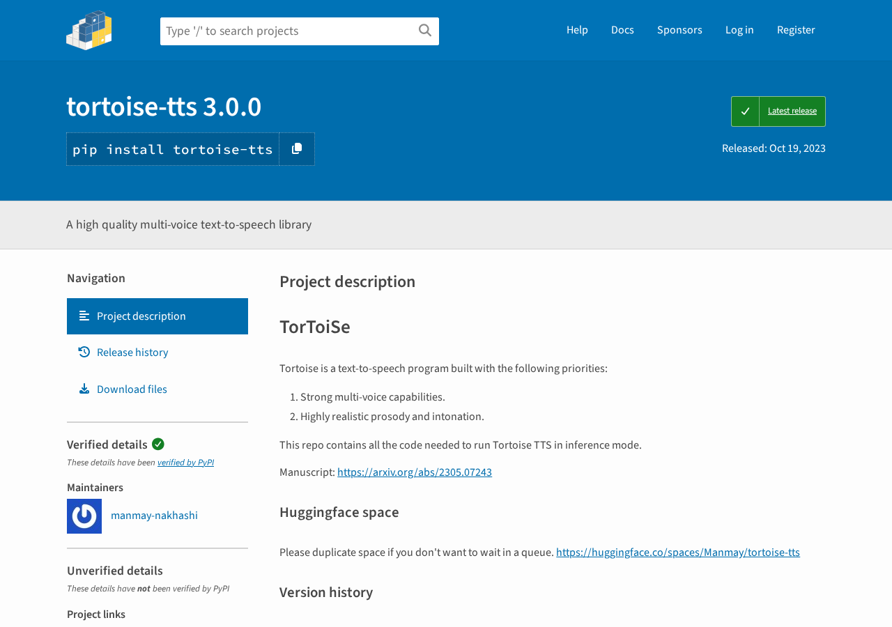 PyPI tortoise-tts 3.0.0 パッケージページ