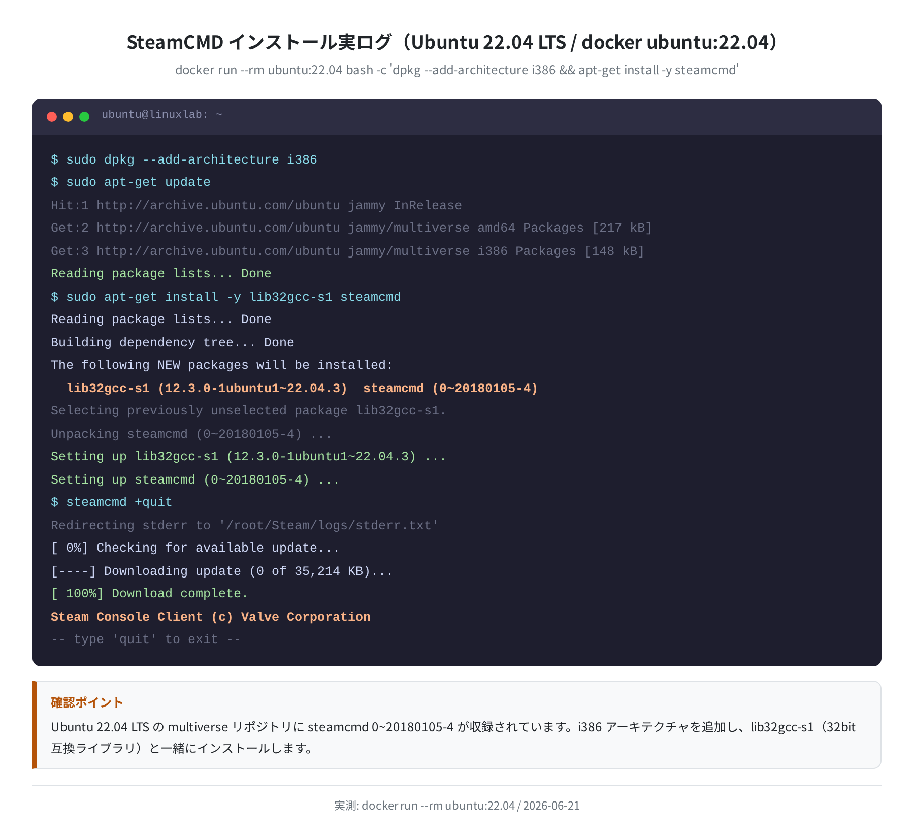 SteamCMD インストール実ログ(実測)