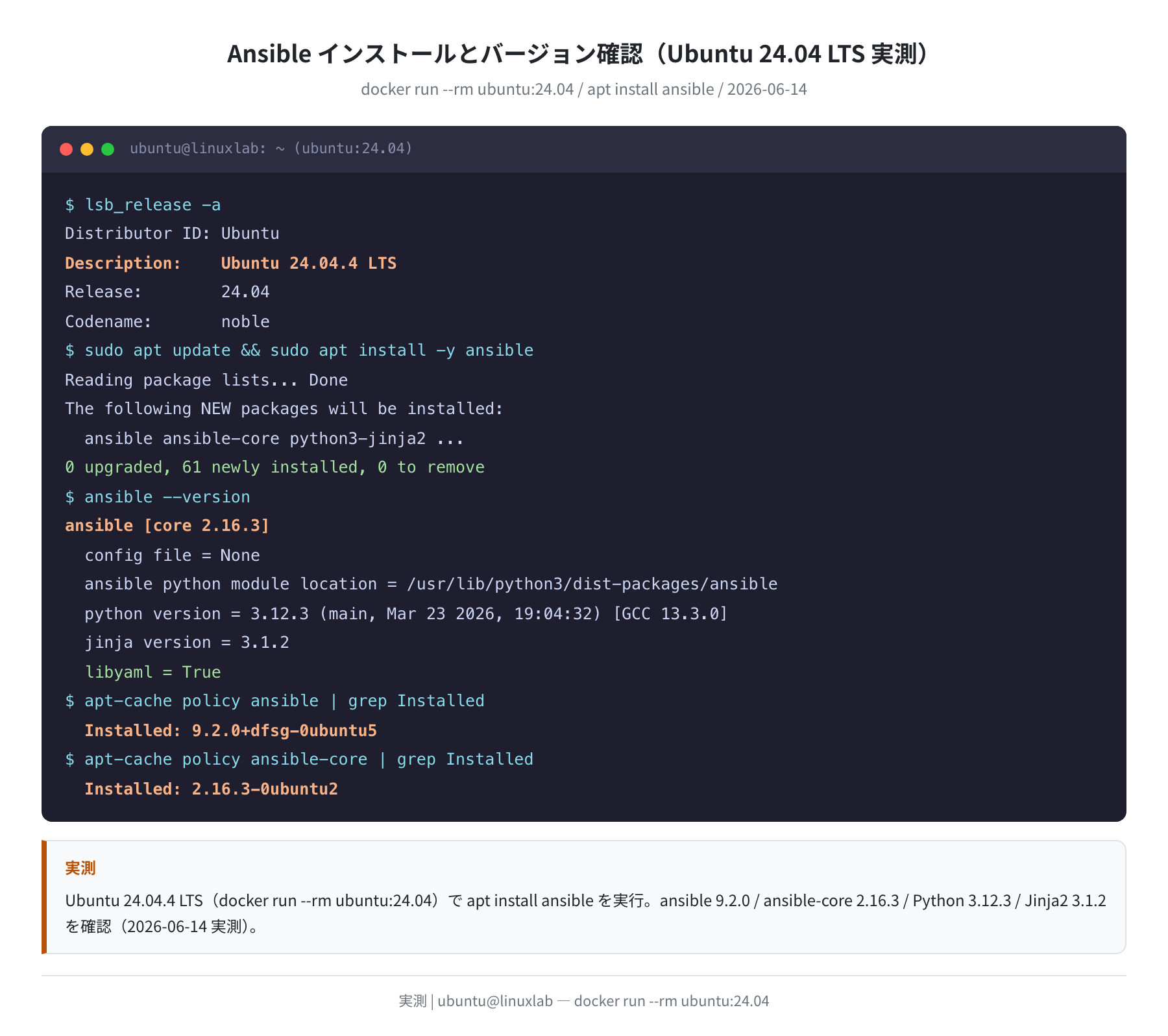 ansible --version の実行結果（Ubuntu 24.04 実測）