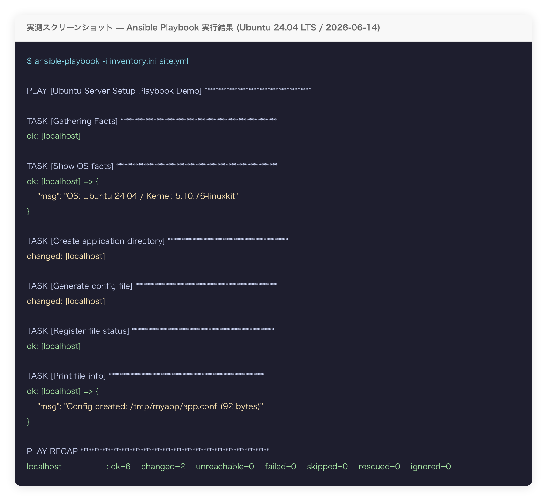 Playbook 実行結果のスクリーンショット（実測）