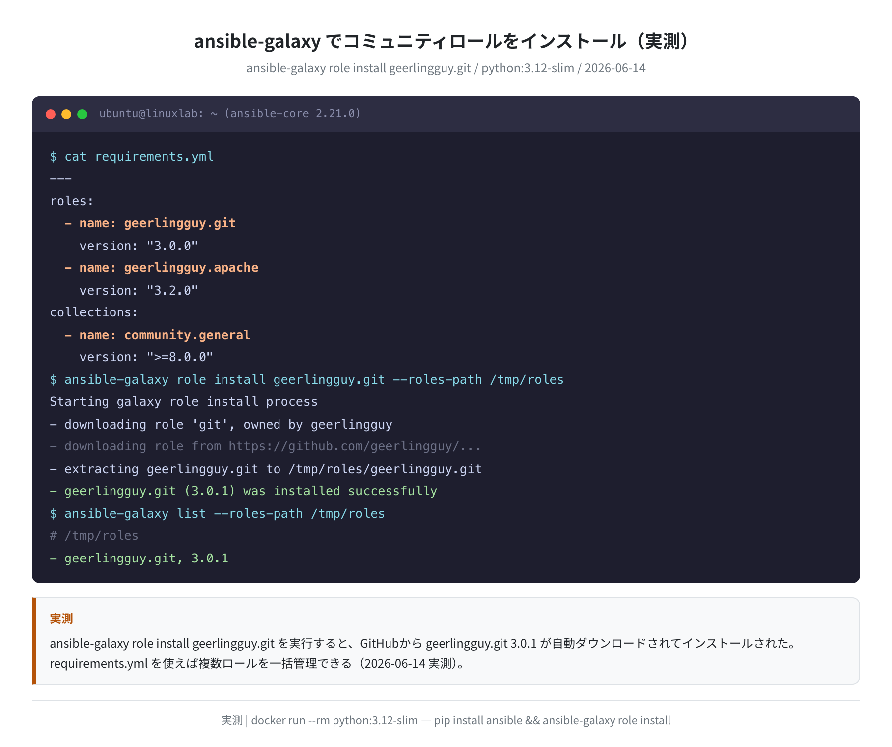 ansible-galaxy によるコミュニティロール geerlingguy.git のインストール(実測)