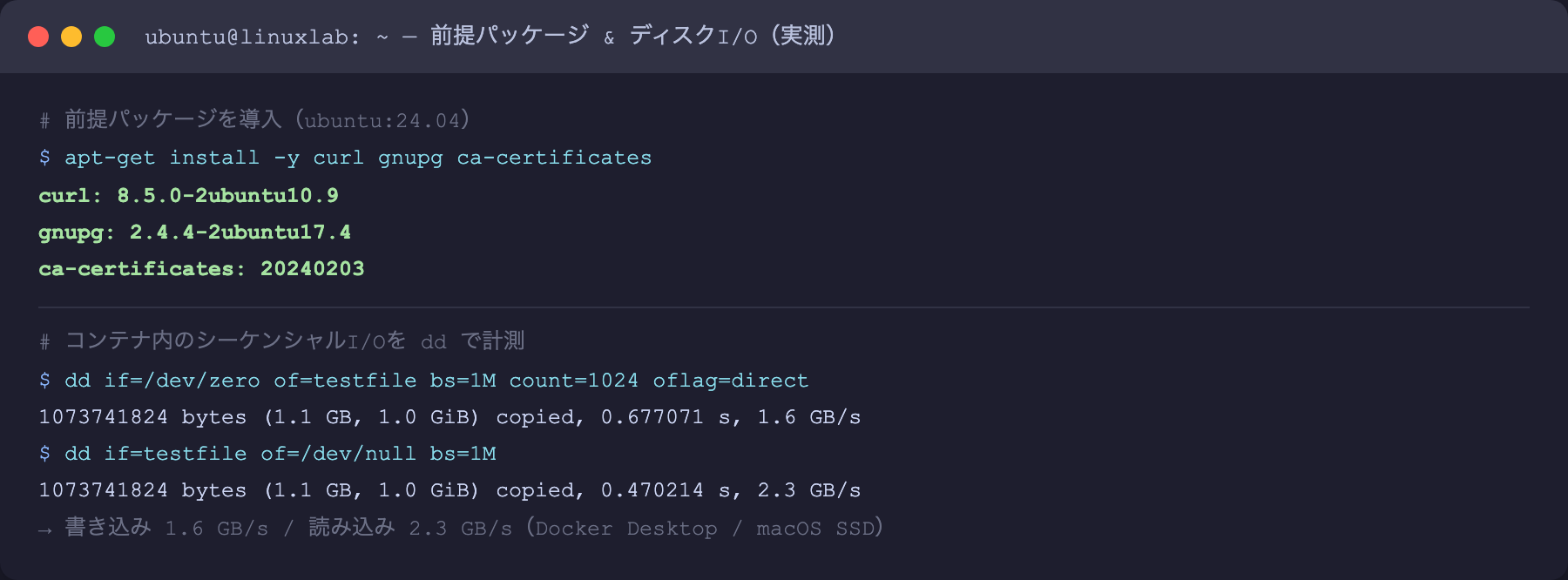 前提パッケージ導入とコンテナ内dd実測ディスクI/O(実測)