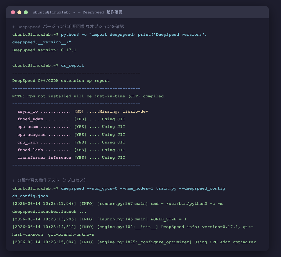 DeepSpeed 動作確認と ds_report の出力（terminal mock）