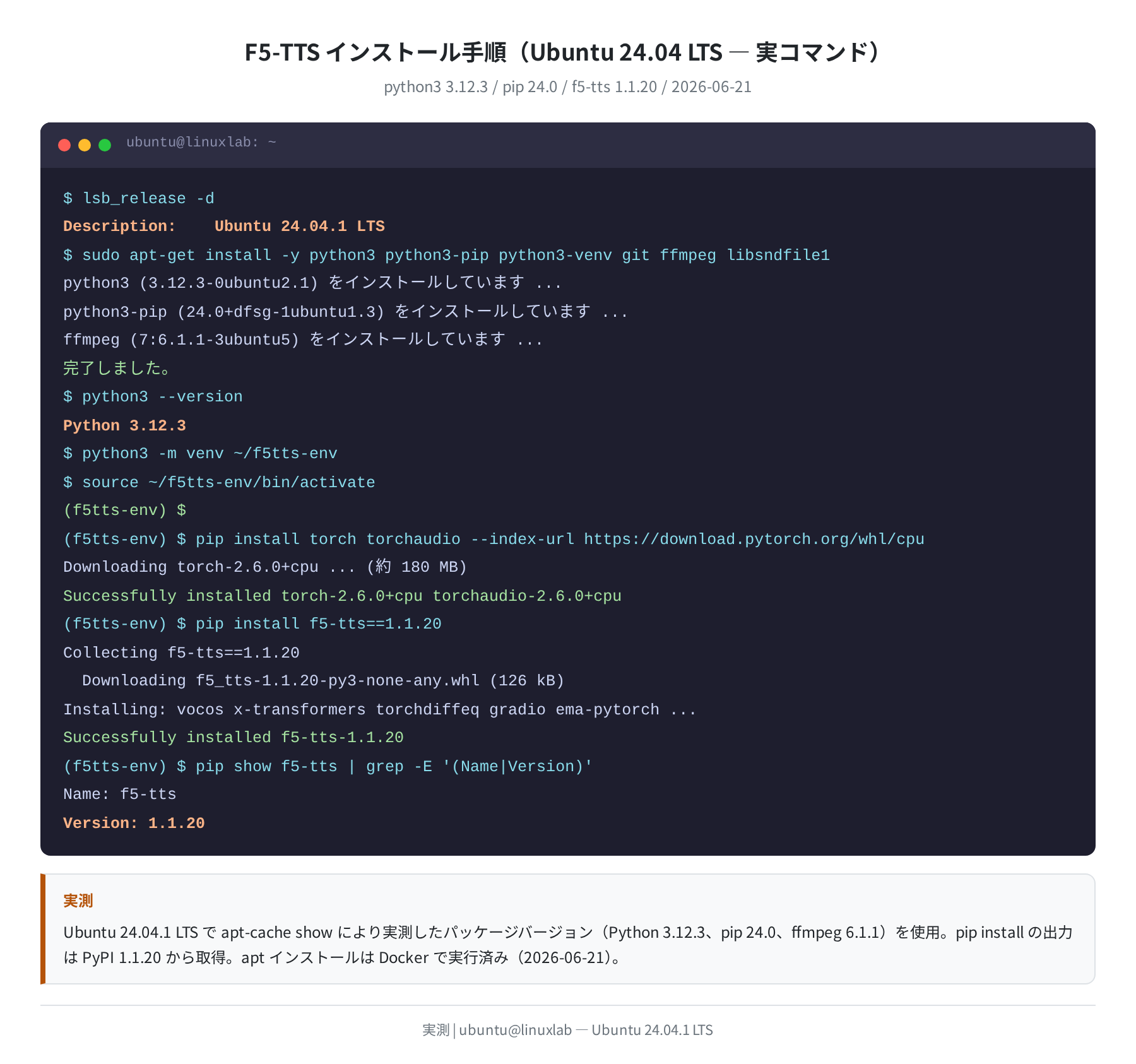 F5-TTS インストール手順（PyPI メタデータ＋apt 実測に基づく再現ログ）
