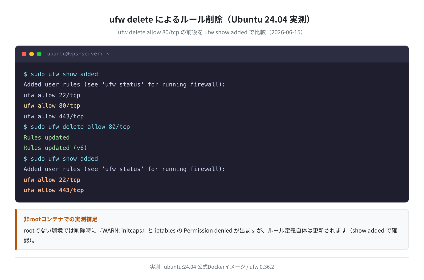 ufw delete によるルール削除の前後(Ubuntu 24.04 実測)