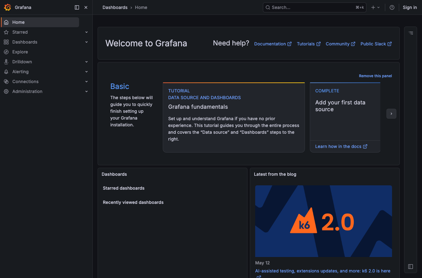 Grafana ホーム画面(Grafana 13.0.2)