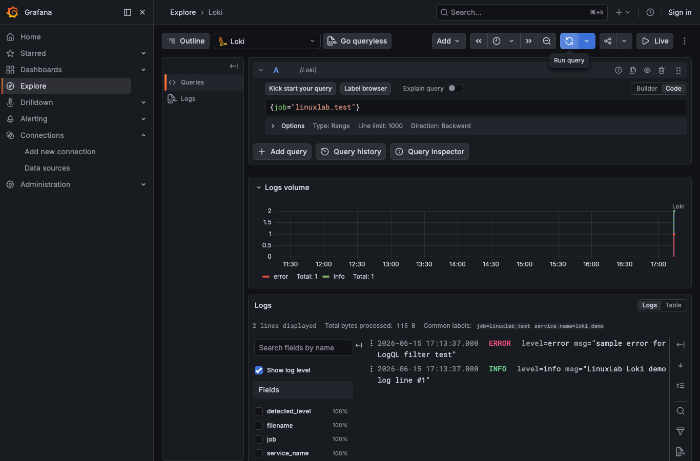 Grafana Explore で LogQL の実ログが表示された画面(実測)