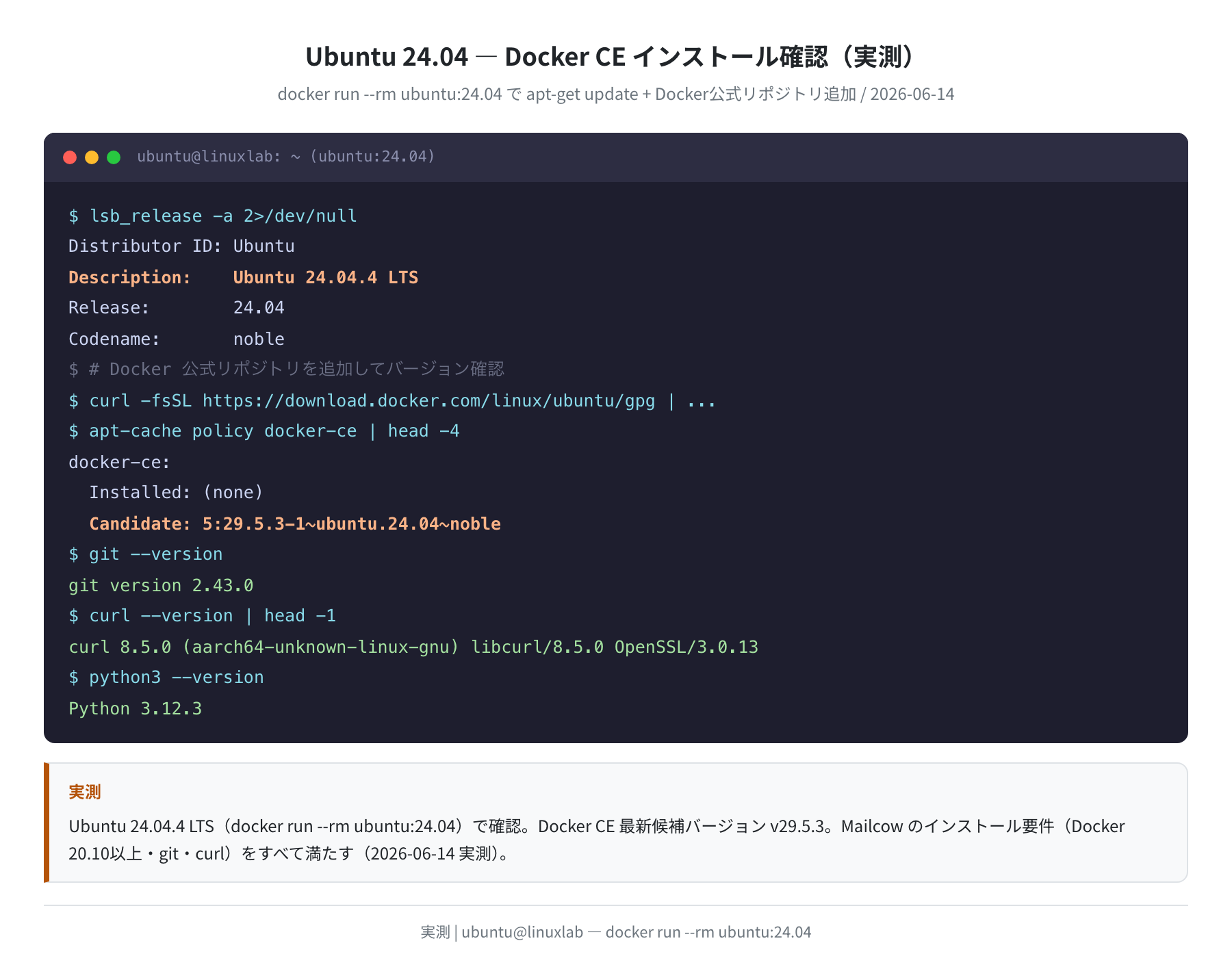 Ubuntu 24.04 Docker CE インストール確認(実測)