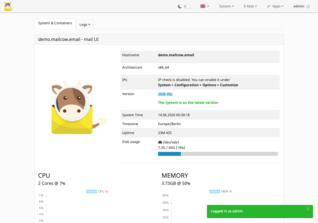 Mailcow 管理ダッシュボード(demo.mailcow.email 実測 2026-06-14)