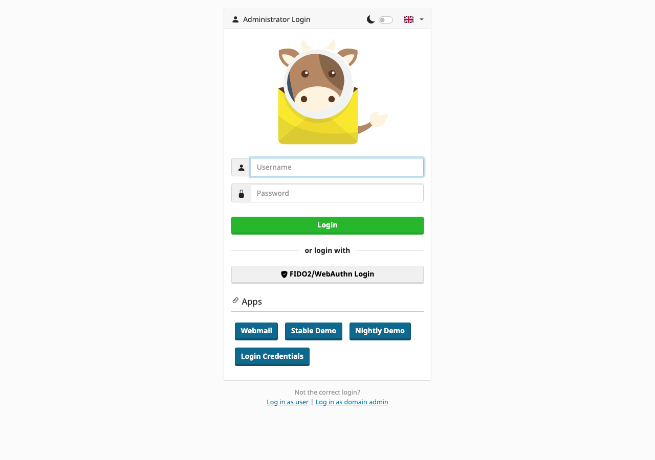 Mailcow 管理者ログイン画面(demo.mailcow.email 実測)