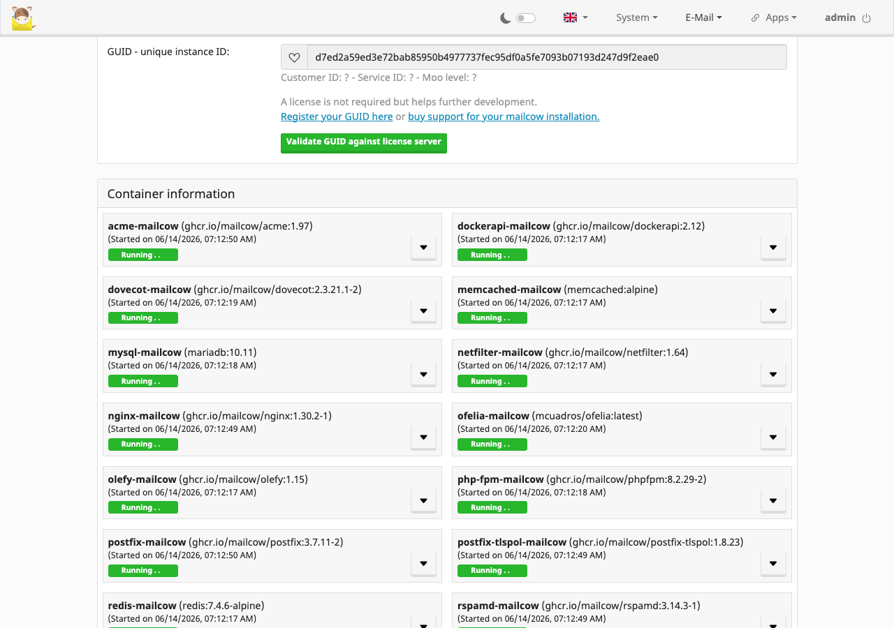 Mailcow Container information(demo.mailcow.email 実測)