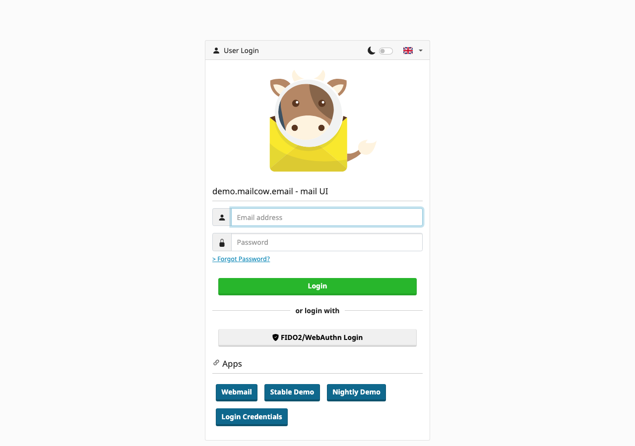 Mailcow ユーザーログイン画面(webmail SOGo, demo.mailcow.email)