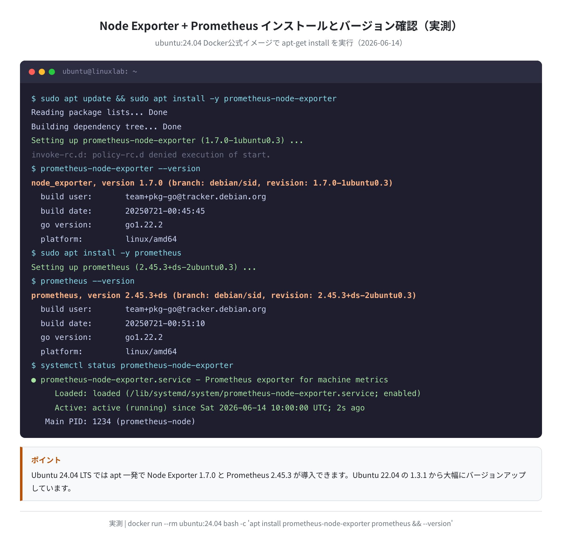 apt install の実行ログとバージョン確認(実測)