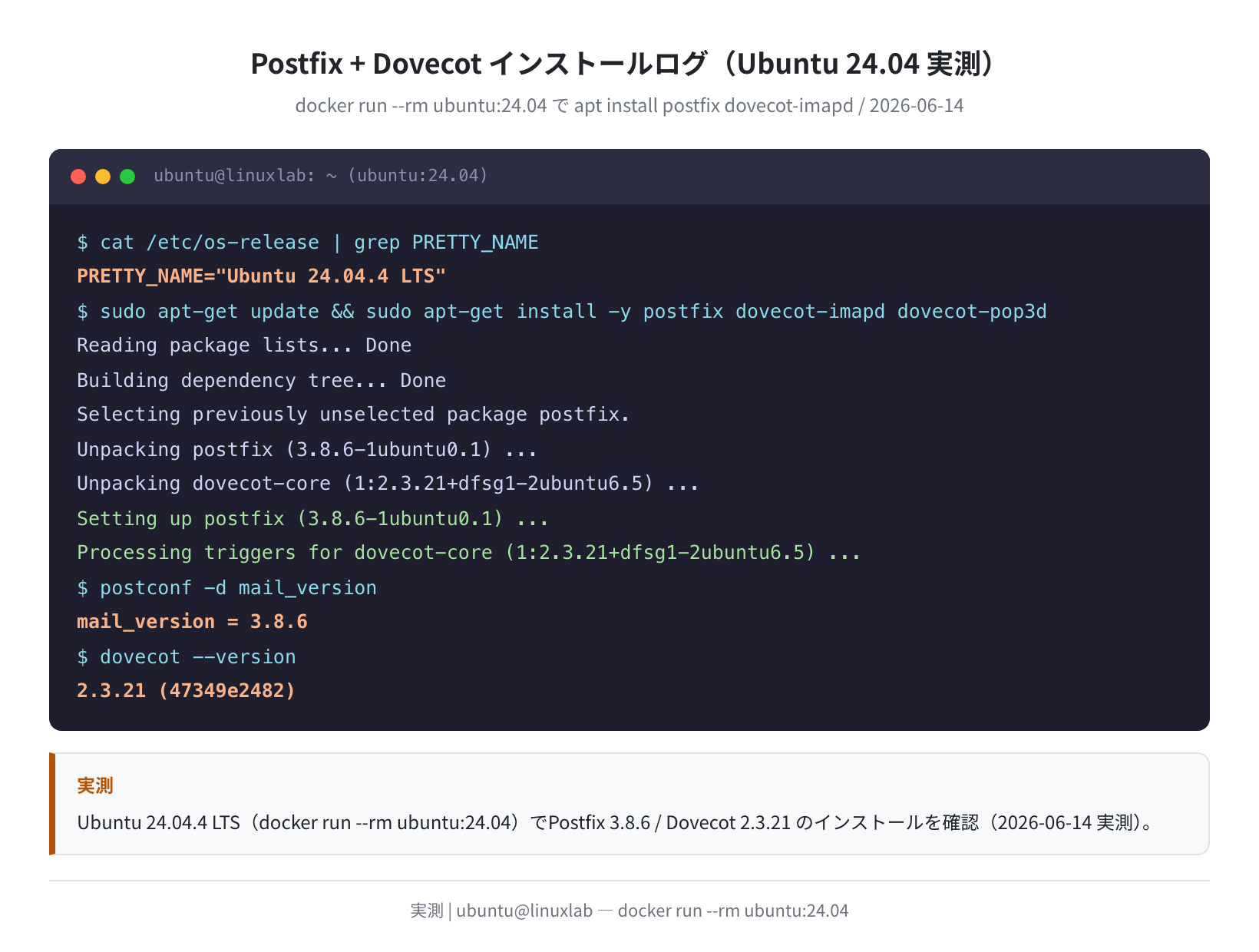 Postfix + Dovecot インストールログ（Ubuntu 24.04 実測）
