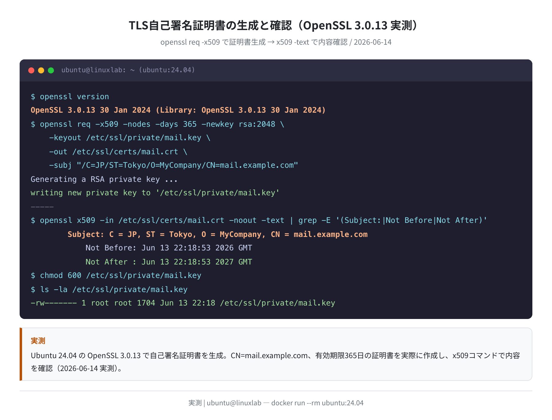 TLS自己署名証明書の生成と確認（OpenSSL 3.0.13 実測）