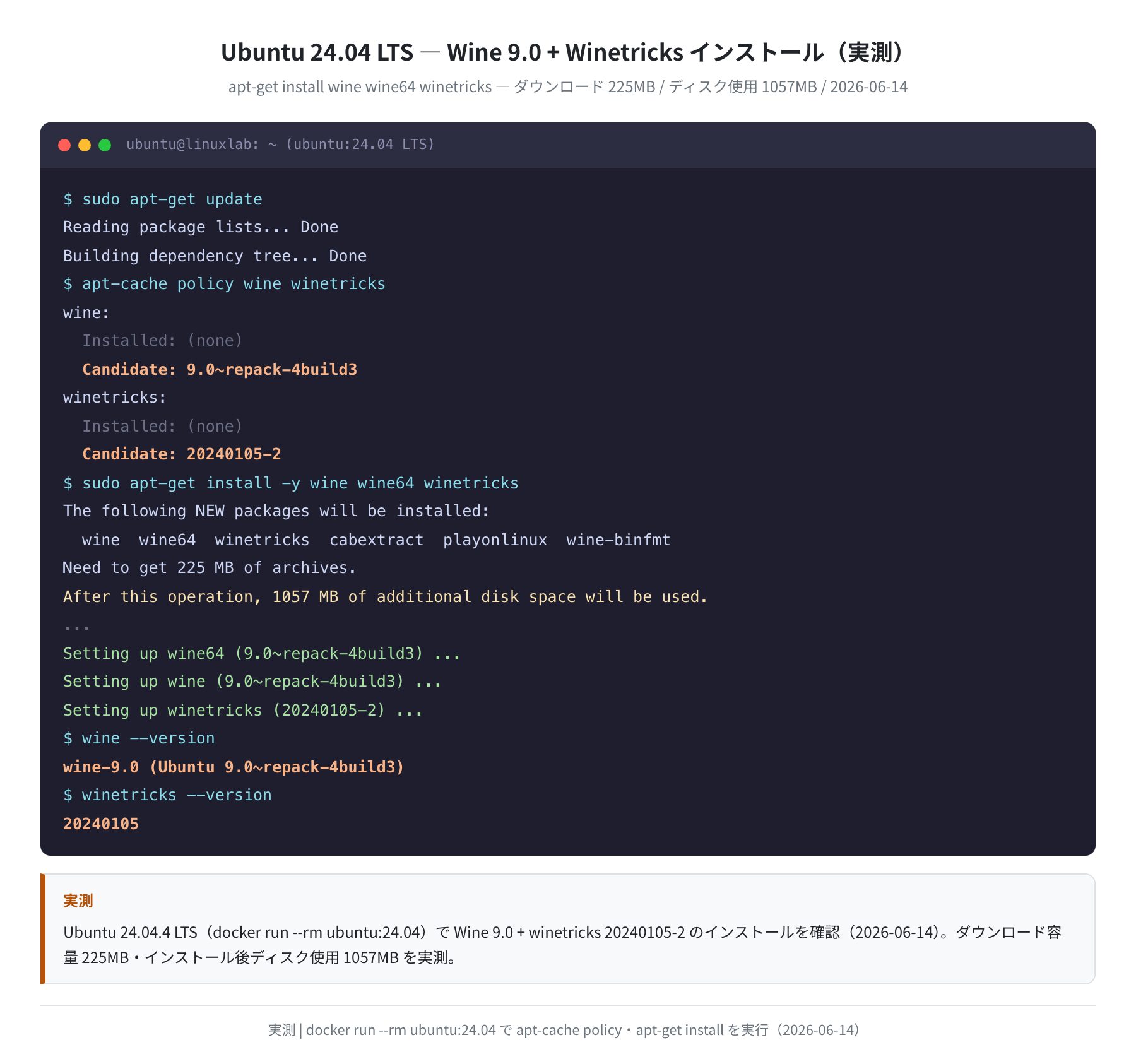 Wine + winetricks インストールログ(実測)