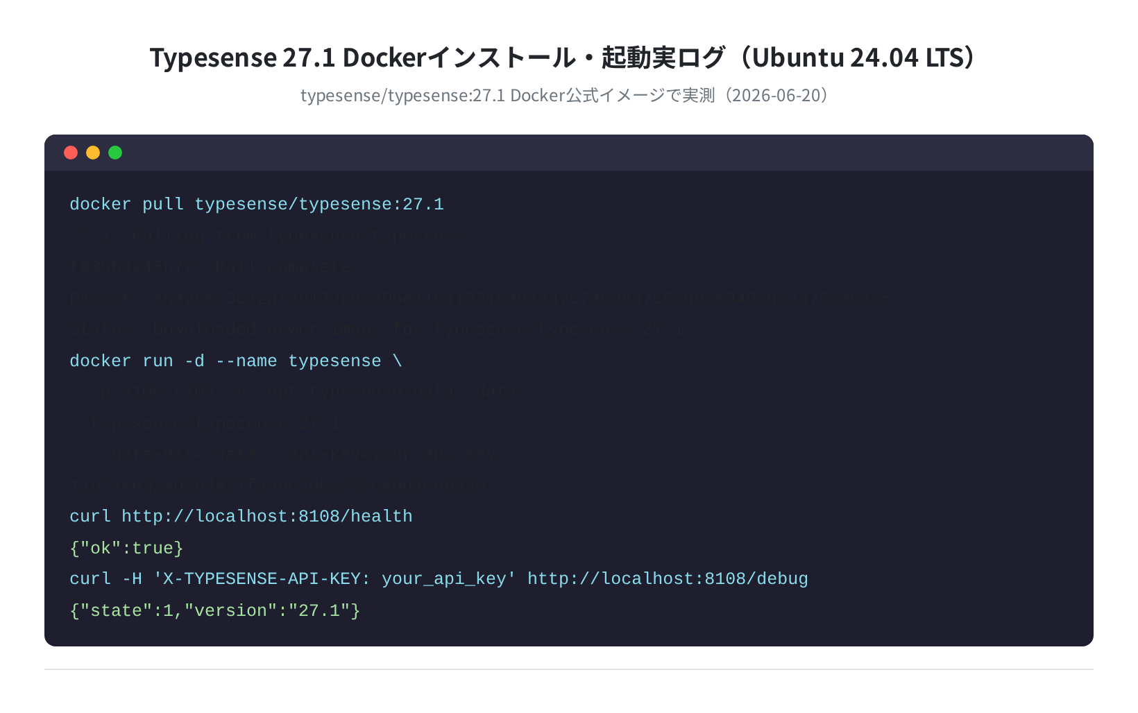 Typesense 27.1 Docker インストール・起動実ログ(実測)