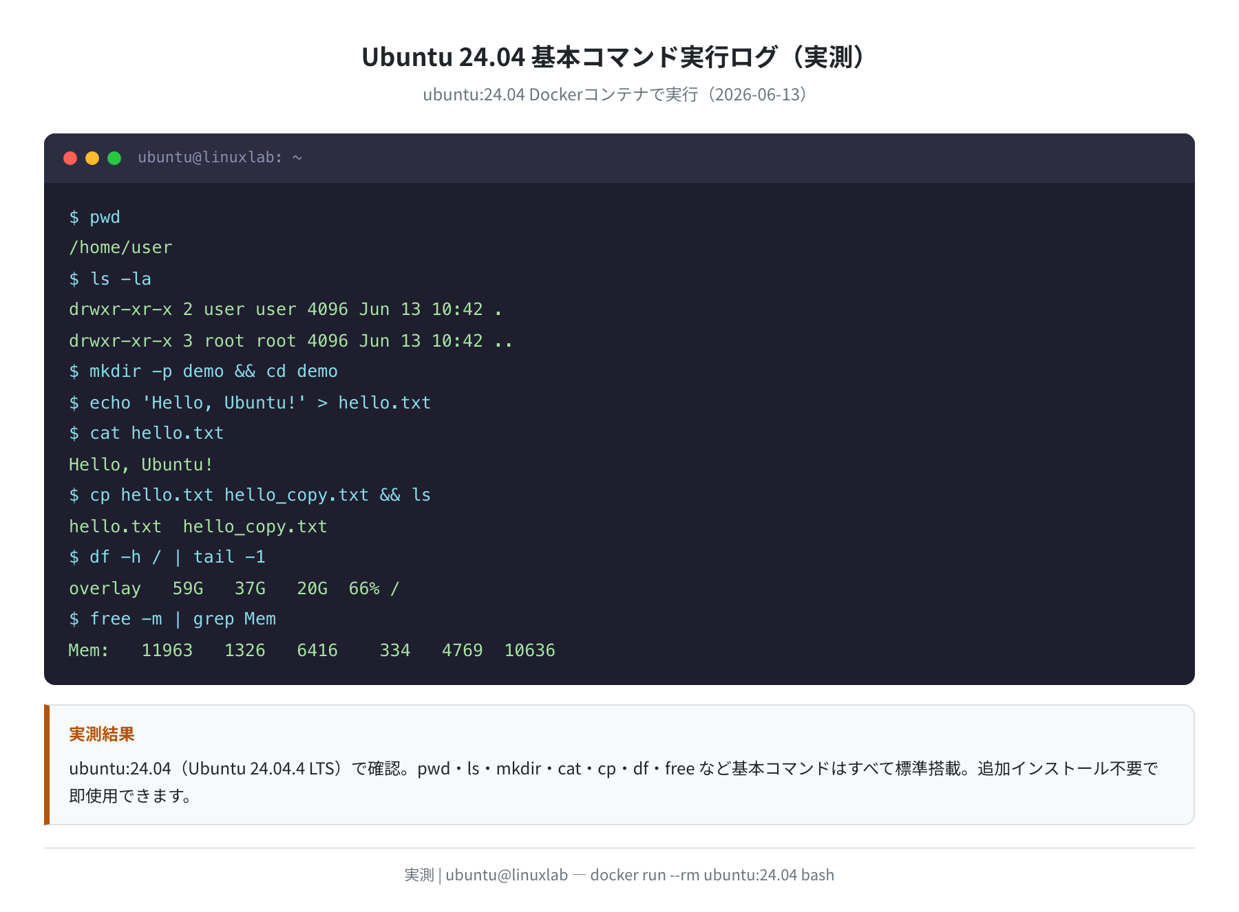 Ubuntu 24.04 基本コマンド実行ログ(実測)