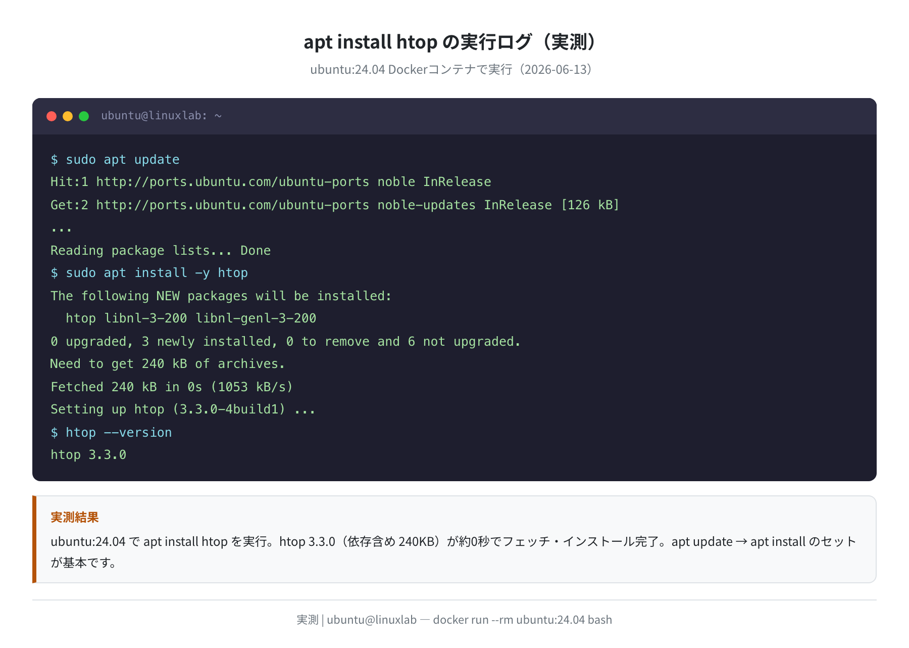 apt install htop 実行ログ(ubuntu:24.04 実測)