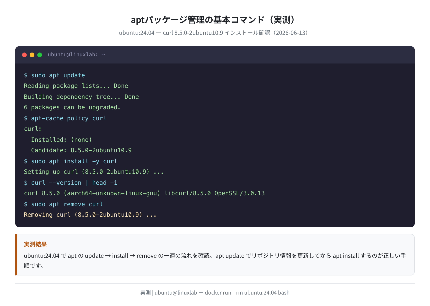 aptパッケージ管理の基本コマンド実行ログ(実測)