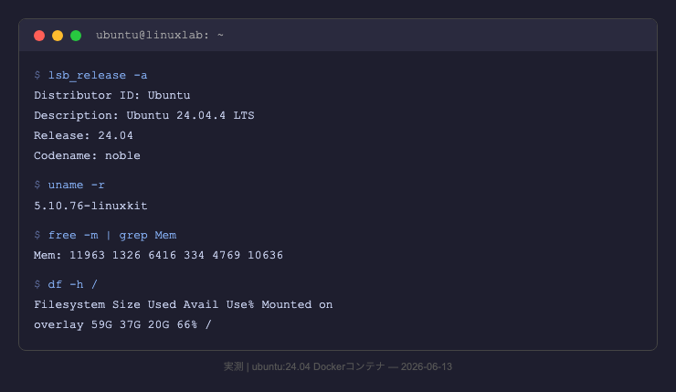 Ubuntu 24.04 ターミナルセッション実行例(実測)